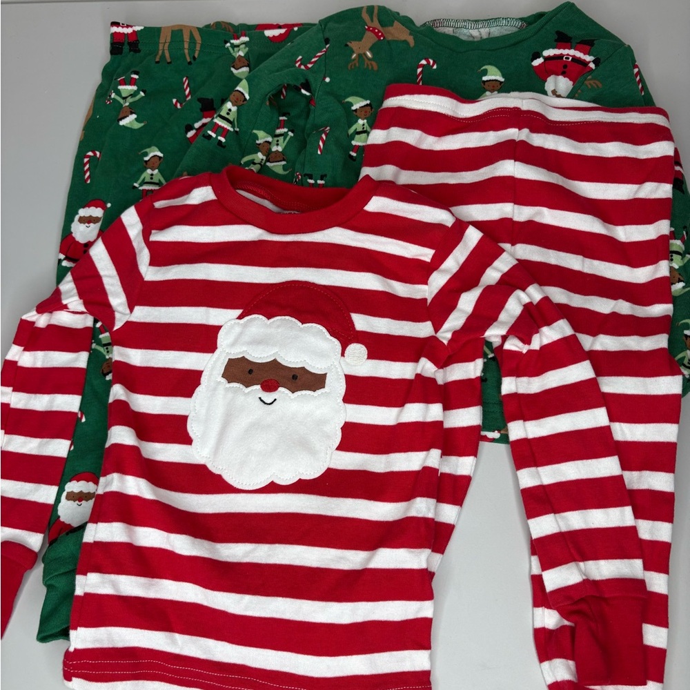 Black Santa Festive Red and Green Striped Kids Pajamas Bundle